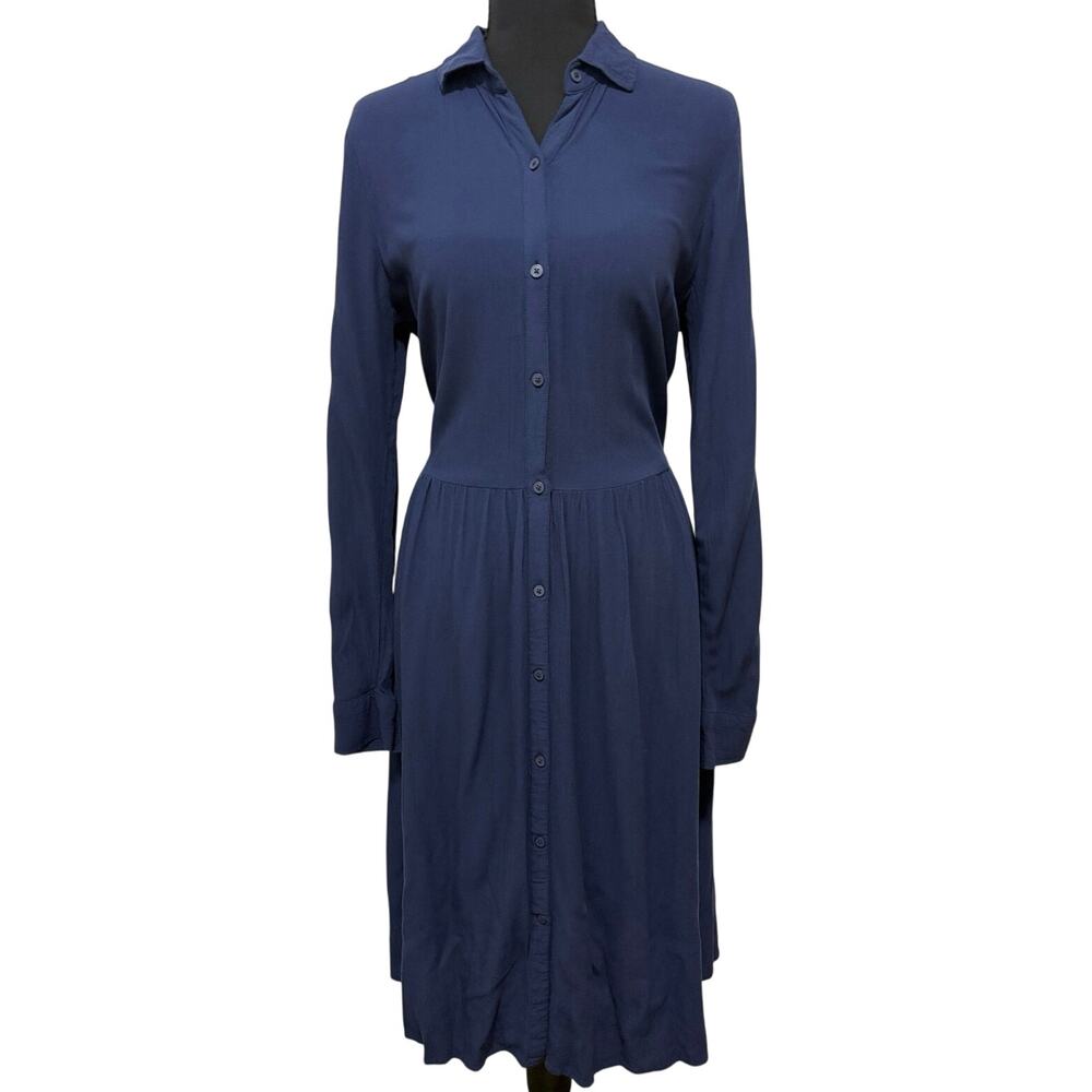 Old Navy Womens Small Navy Blue Button Front Shirt Dress Long Sleeve Midi
